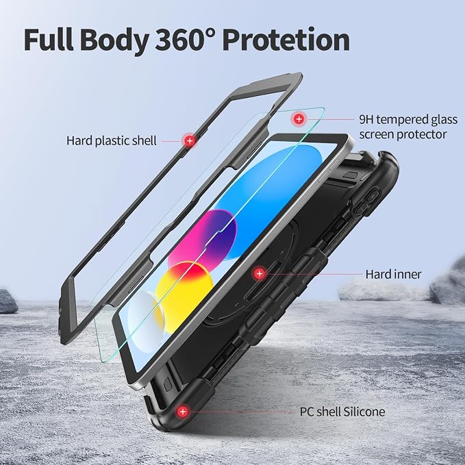 Ambison Case for iPad (A16) 11th/10th Generation 11''/10.9'' Black | Hand Strap 9H Tempered Glass Screen Protector Rotating Stand Shoulder Strap Heavy Duty Shockproof Pencil Holder