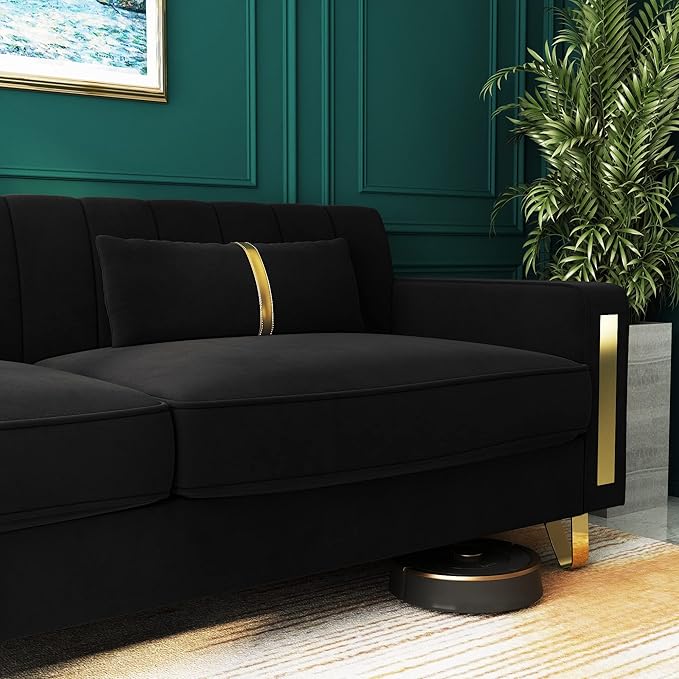 Couch 85.62" 3 Seats Sectional Velvet Fabric Sofa Easy Assemble Sofa Bed with 2 Couch Pillows,Gold Metal Legs for Living Room (P17, Black（3+1）)