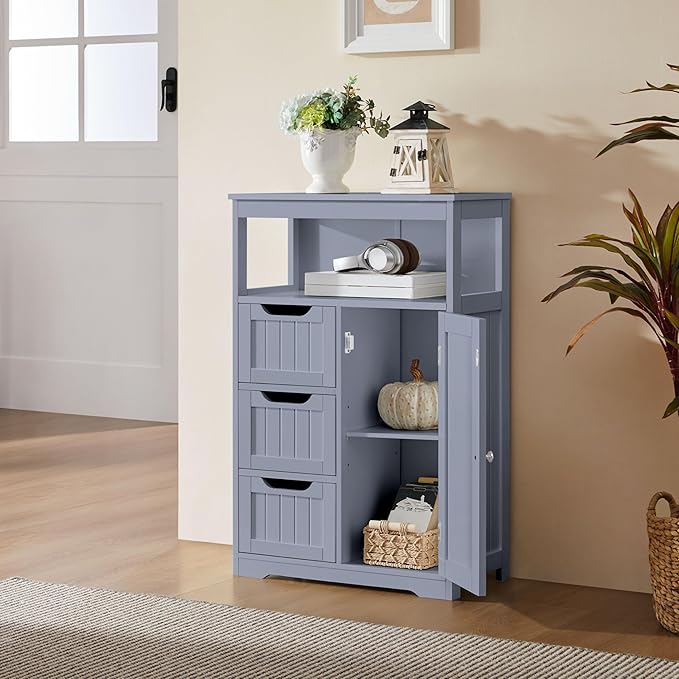 Yaheetech Bathroom Storage Cabinet, Wooden Bathroom Floor Cabinet with 1 Door and 3 Drawers, Free-Standing Storage Unit for Kitchen/Living Room/Entryway, Gray