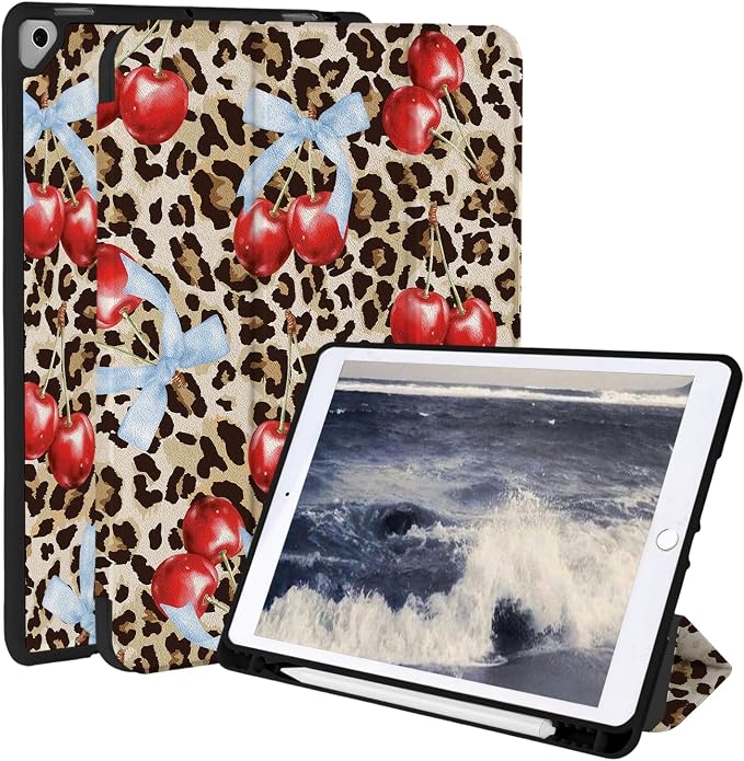 Case for iPad 9th/ 8th/ 7th Generation Case 10.2&amp10.5 Inch (2021/2020/2019 Release) Slim Lightweight Soft Trifold Back Cover with Pencil Holder &amp Auto Sleep/Wake Cover Cherries Cheetah Bows