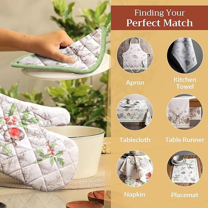 Maison d' Hermine Pot Holders Set 100% Cotton Heat Resistant Potholders 8" x 8" Hot Pads with Loop for Thanksgiving Christmas Decorations BBQ Baking Handling Hot Pans (Pack of 2, Christmas Dew)