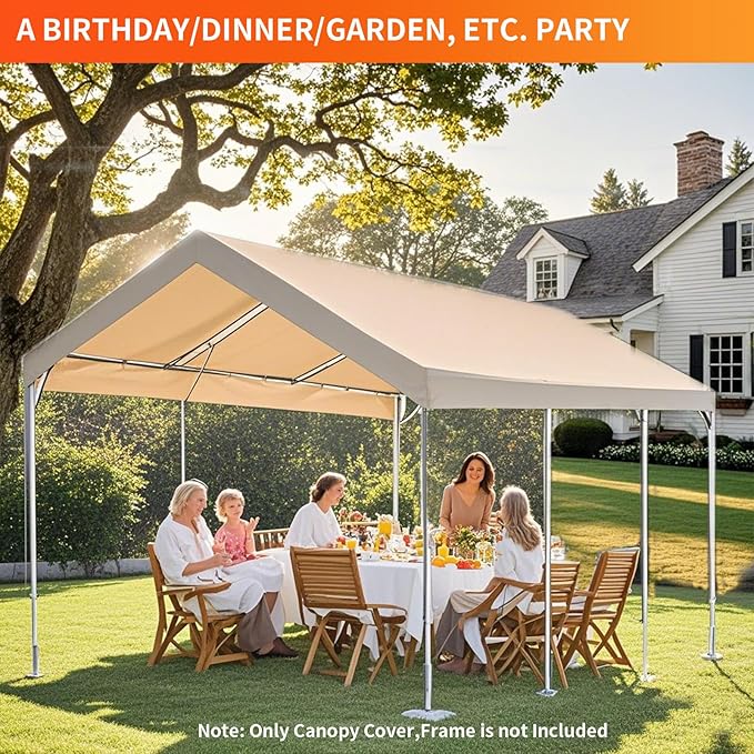 10' x 20' Carport Replacement Canopy Cover for Carport Frame Garage Top Tarp Shelter Tent Party Heavy Duty (Only Top Cover, Frame is not Included) (Beige, 10' x 12')