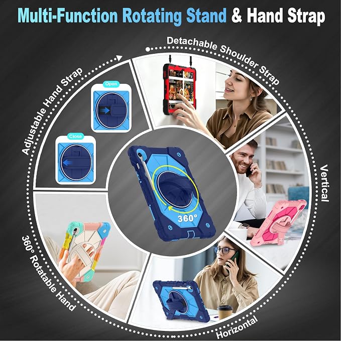 Case for Samsung Galaxy Tab S10 Lite/S10 FE/S9 FE /S9 Tablet Case 10.9/11 Inch with Rotate Stand &amp Hand Strap Screen Protector Pen Holder for Galaxy Tab S10 FE Cases Black