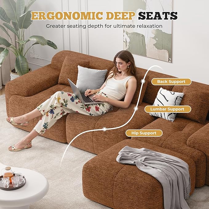 122" Modern L Shaped Modular Sectional Sofa, Boneless Couches for Living Room with Ottoman,4 Seater Convertible Chenille Cloud Couch Sofa Set, No Assembly Required, Orange 1 PCS