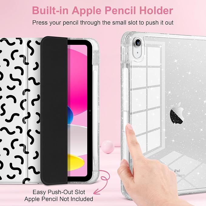 MEEgoodo Case for iPad A16 11th Generation 2025/10th Generation 2022 Glitter Tablet Cases with Transparent Acrylic Back+Trifold Stand +Pencil Holder+Auto Wake/SleepAbstract Sun &amp Palm Tree