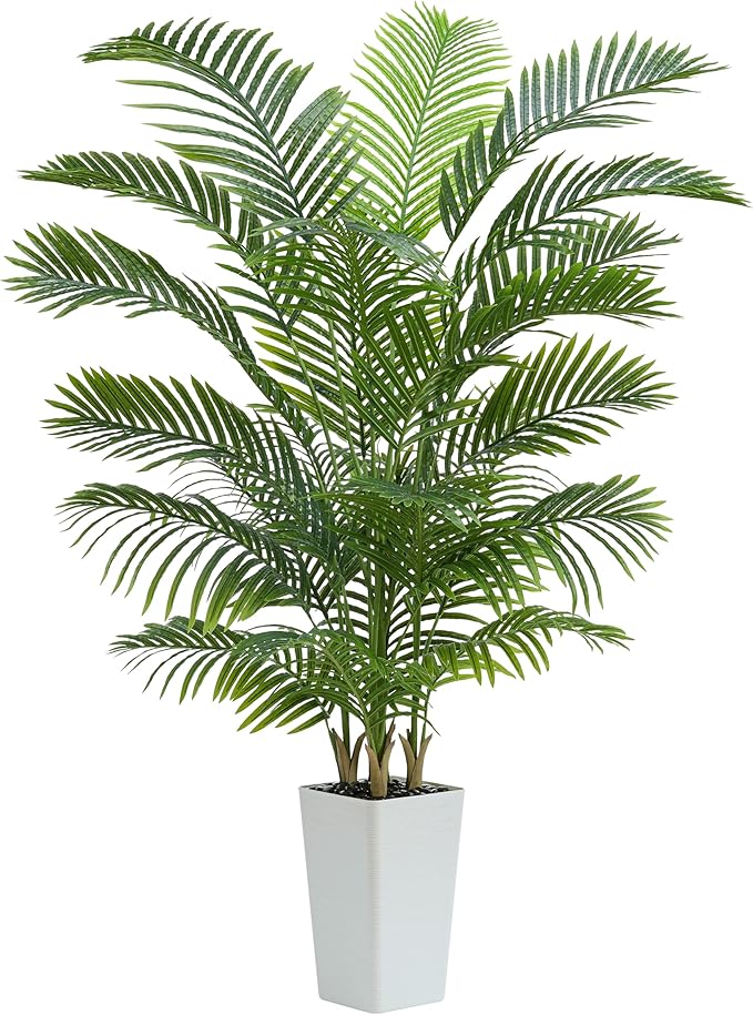 Artificial Palm Tree：6FT Tropical Fake Silk Plant UV Resistant Faux Areca Palm with White Planter & Black Pebbles for Home Office Living Room Decor Indoor Patio Porch Balcony (6FT,1-Pack,White)