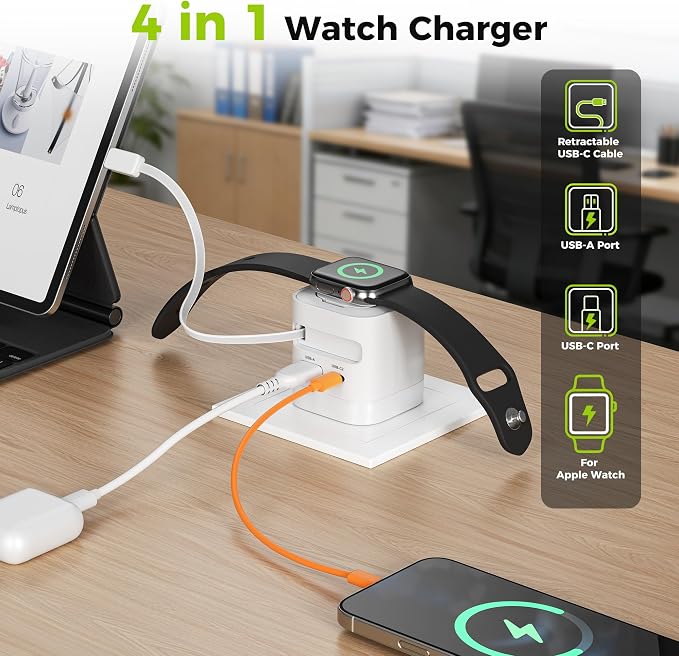 Charging Blocks for Apple Watch CHARCO 35W Retractable USB C Charger Block | 1 USB C and 1 USB A Wireless Smart Watch Charger with Foldable Plug Compatible with iPhone AirPods iWatch 1 Pack. With