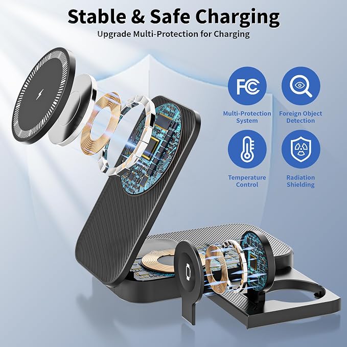 3 in 1 Wireless Charger Stand 25W Foldable Wireless Charging Station for Apple Multiple Devices Fast Magnetic Charger with 6FT USB C Cable for iPhone 17 16 15 14 13 12 Series/Apple Watch/AirPods Pro