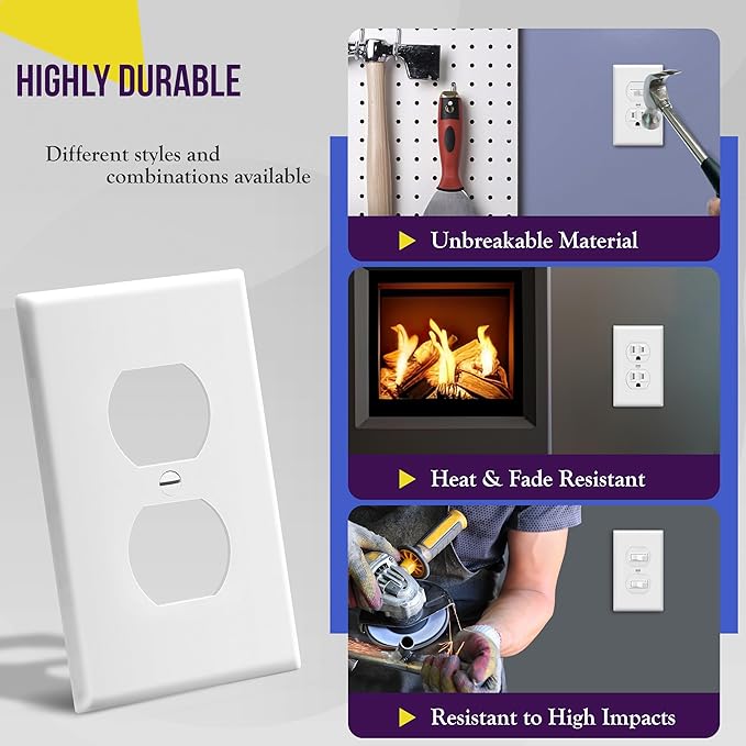 ENERLITES Duplex Wall Plates Kit, Electrical Outlet Covers, Standard Size 1-Gang 4.50" x 2.76", Unbreakable Polycarbonate Thermoplastic, Electric Receptacle Plug Covers, 8821-W-5PCS, White (5 Pack)