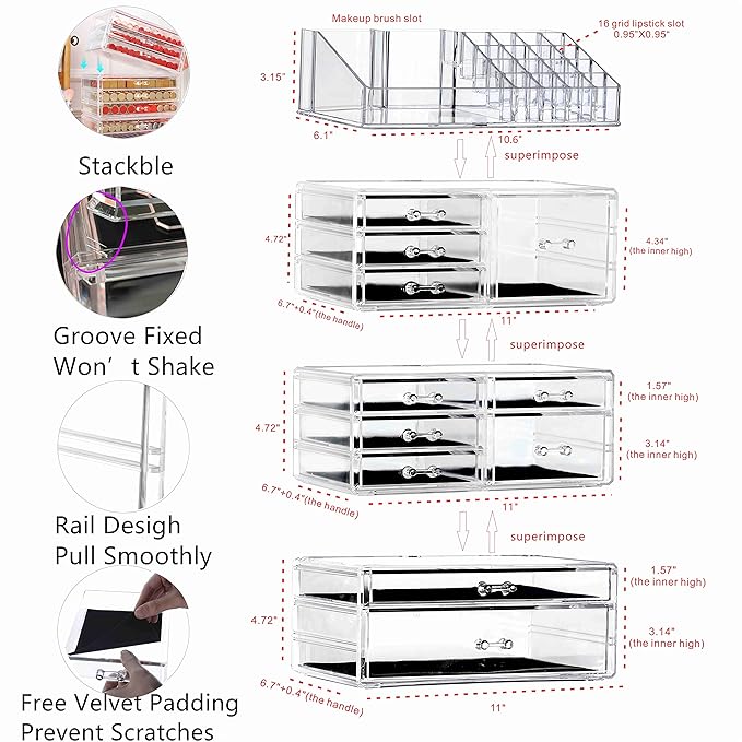 Cq acrylic Clear Makeup Storage Organizer Drawers Skin Care Large Cosmetic Display Cases Stackable Storage Box With 11 Drawers For Dresser 1 Pack
