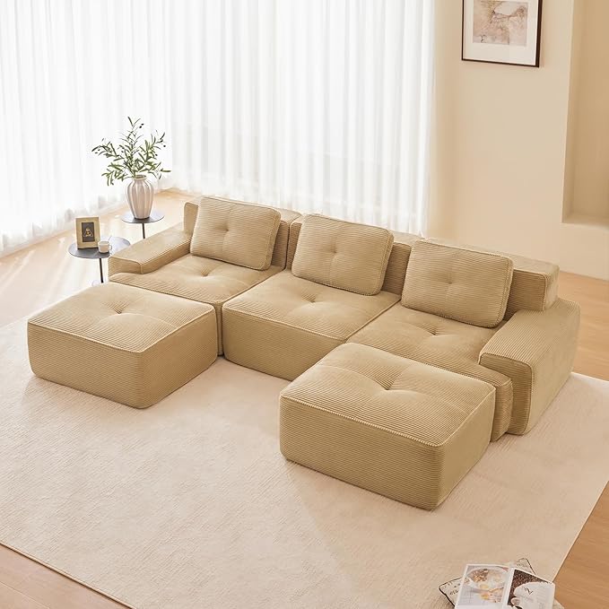 Camel Ottoman for Modular Sectional Sofa, Corduroy Deep Seat for Oversized Compressed Boneless Sectional Couches for Living Room Bedroom Apartment, Cloud Sofa Couch, Memory Foam, No Assembly