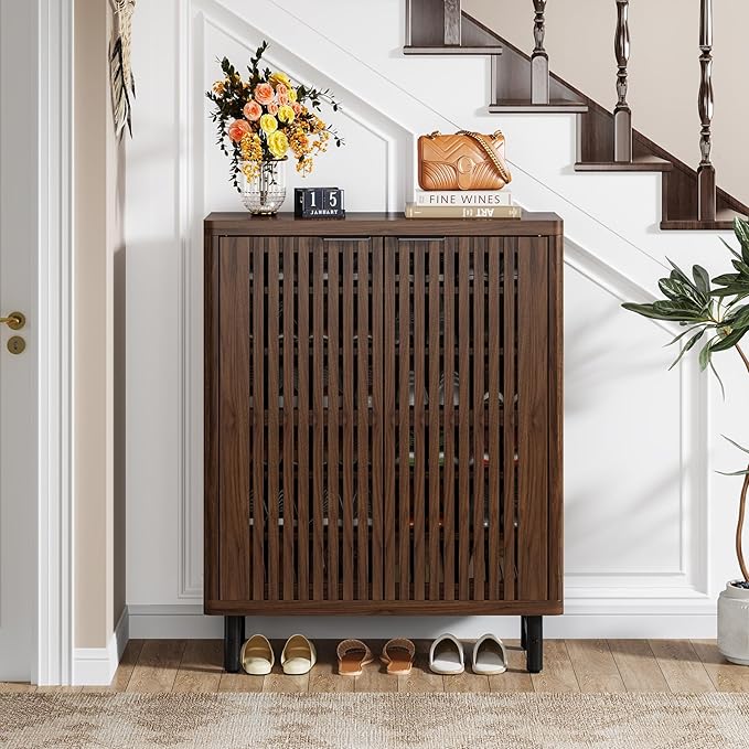Tribesigns 6-Tier Shoe Cabinet with Shutter Doors, Large Wooden Shoe Organizer Rack with Adjustable Shelves, Modern Farmhouse Hidden Storage Furniture for Entryway, Hallway (Dark Walnut)