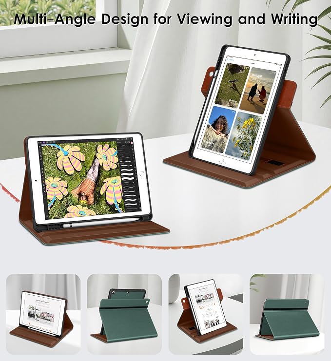 DTTO for iPad 9th/8th/7th Gen Case 10.2 Inch (2021/2020/2019) Brown | 360 Degree Rotating Premium Faux Leather Folio Stand Cover with Pencil Holder Auto Sleep/Wake Multiple Angles Hand Strap