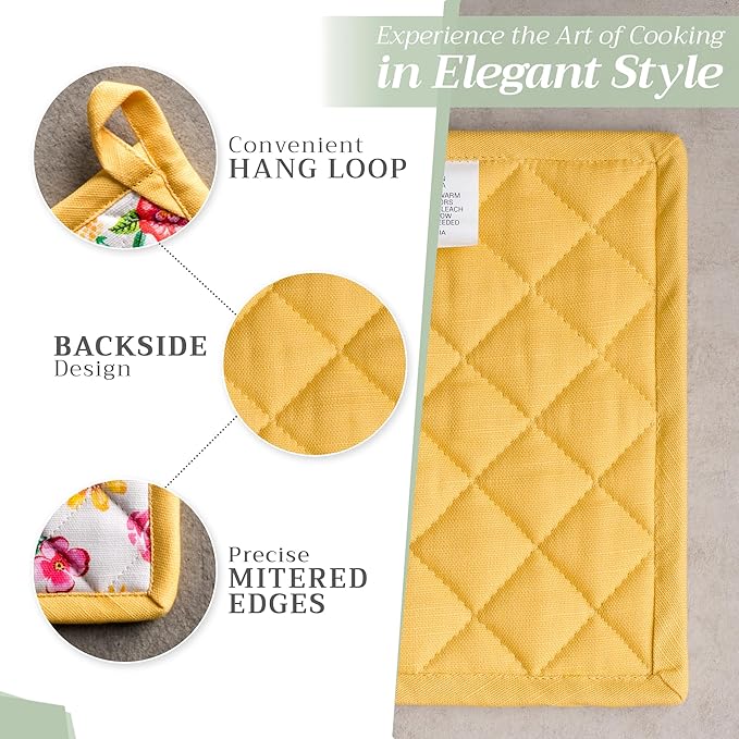 Maison d' Hermine Pot Holders Set 100% Cotton Heat Resistant Potholders 8" x 8" Hot Pads with Loop BBQ, Cooking, Grilling, Kitchen, Handling Hot Pans Spring/Summer (Pack of 2, Happy Florals - Sweety)