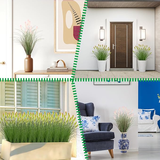 Artificial Grasses Plants Oudoor 12 Bunches Onion Grass Greenery with Plush Faux Fake Shrubs Plant Onion Wheat Grass for Outside Garden Indoor House Home Office Décor (Light Purple & Pink Plush）