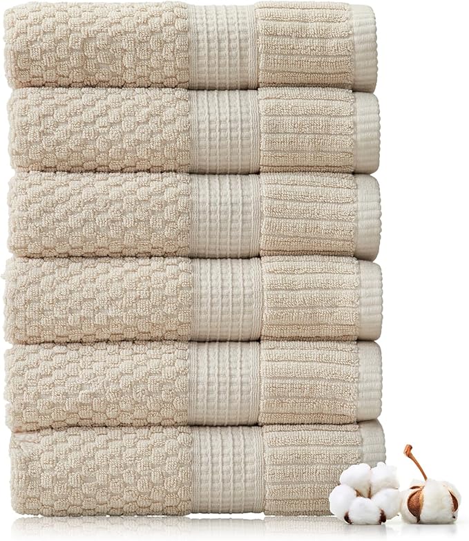 NY Loft 100% Cotton Hand Towel 6 Pack Hand Towel Set | Super Soft & Absorbent Quick-Dry Hand Towels 16" x 28" |Textured and Durable Cotton | Trinity Collection (6 Pack Hand Towel, Sand)