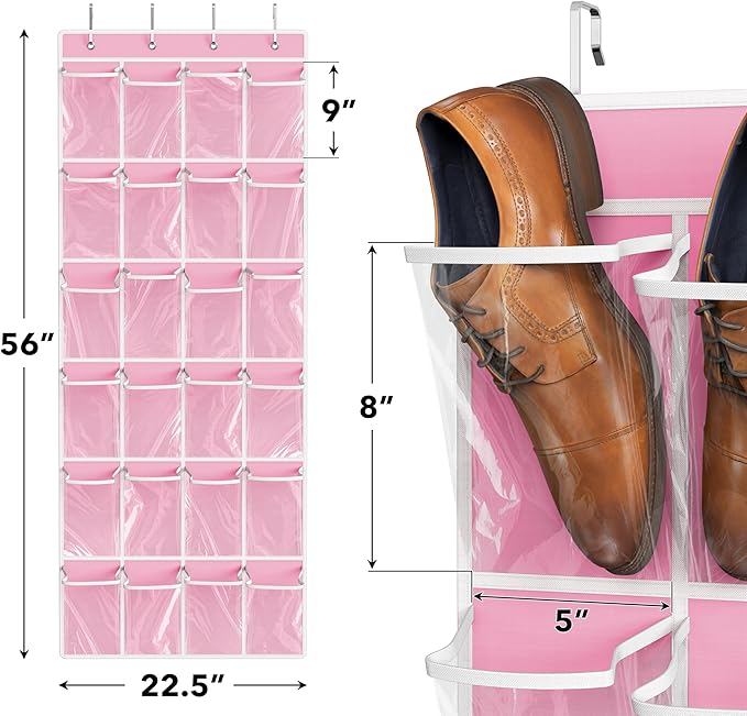 Simple Houseware 24 Pockets Large Clear Pockets Over The Door Hanging Shoe Organizer, Pink (56" x 22.5")