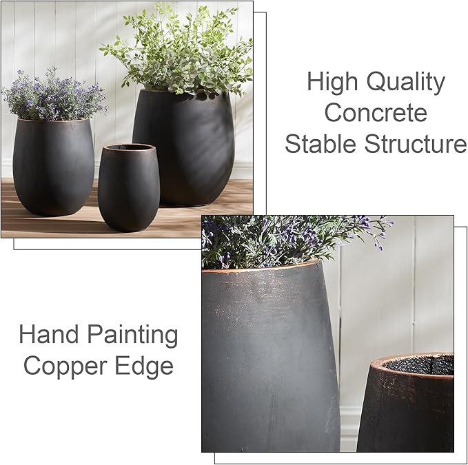 Wallowa 15.5" H Outdoor Concrete Planter, Round Flower Pot with Drainage Hole and Silicone Plug, Plant Container for Garden, Patio, Home, Office, Black, Copper Rim, 1 Pack