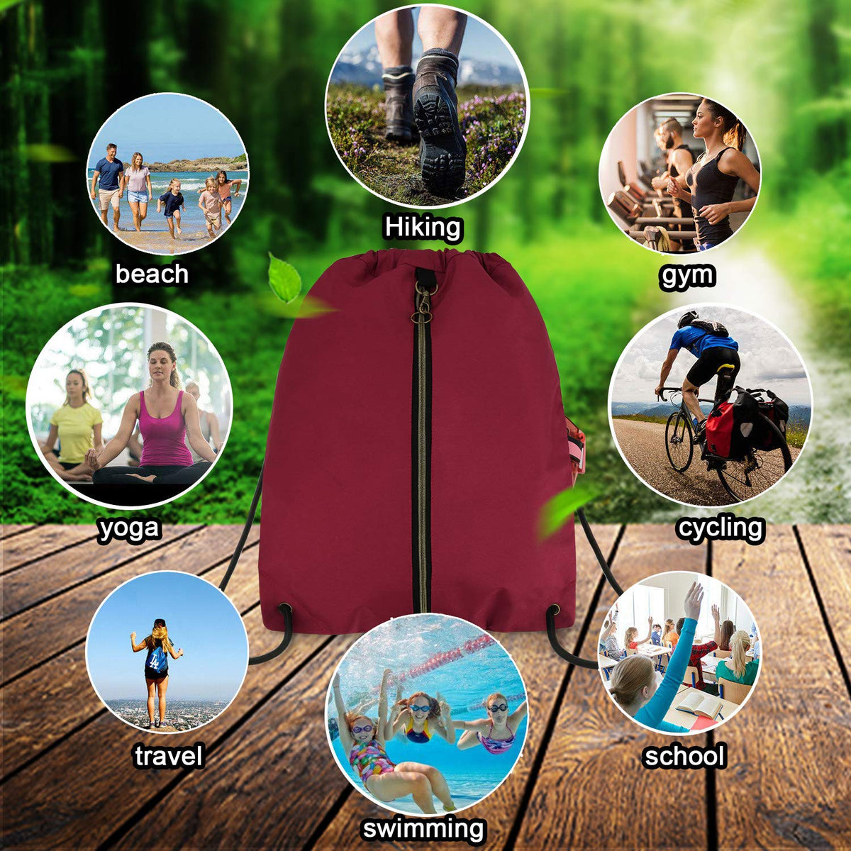 BeeGreen Maroon Drawstring Backpack with 3 Zipper Pocket and 2 Inside Pouch，19.2 "x 15" Large Sports Gym Drawstring bag Draw String Bags Pack