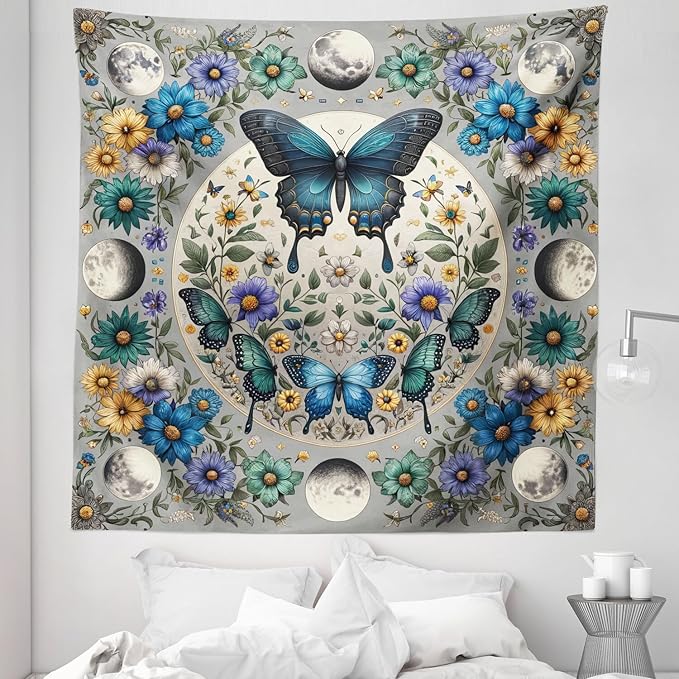 Ambesonne Boho Tapestry Queen Size, Wreath of Colorful Flowers with Moon and Butterfly Pattern Witchy Scenery, Wall Hanging Bedspread Bed Cover Wall Decor, 88" X 88", Sea Blue Pale Grey Teal