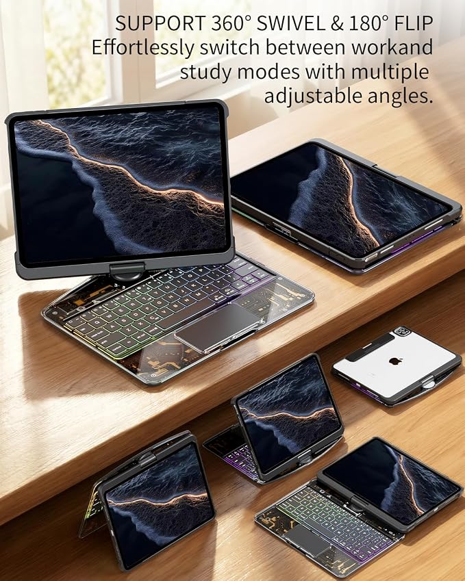 360°Rotation Bluetooth Keyboard Case for iPad 11th Gen（A16）10th 10.9 inch | iPad keyboard case 11/10th generationTouchpadKeyboard Battery Level Visualization360° rotateand 180° flip7-color backlit