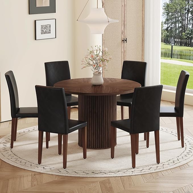 AZmac Round Dining Table Set for 6, Wooden Round Table 7-Piece with Modern Farmhouse Dining Table and 6 PU Leather Chairs for Kitchen Dining Room, Walnut Table + 6 Black High Back Chairs