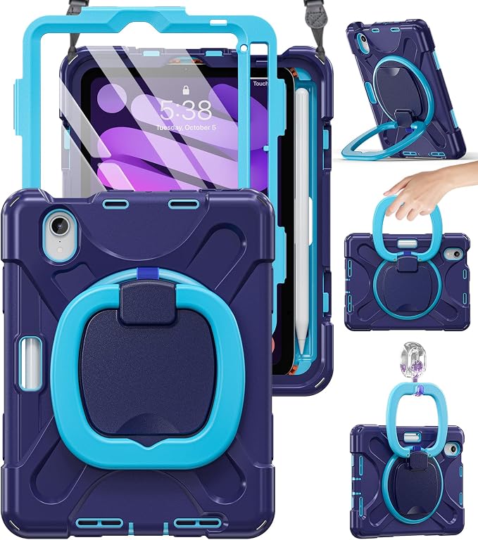 BRAECN Case for iPad mini 7 (A17 Pro) - iPad mini 7th/6th Generation Case | 8.3 Kids-Proof Protective Silicone Cover Screen Protector Pencil Holder Kickstand Handle Grip Shoulder Strap Black