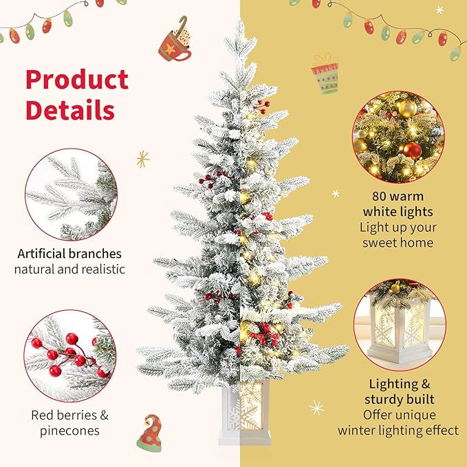 Two Pack Small Pre-Lit Christmas Tree with LED Lights - 3.5FT Snow Flocked Ariticifial Tree with Snowflake Base, Battery Operated & Auto Timer for Home Office Xmas Decor