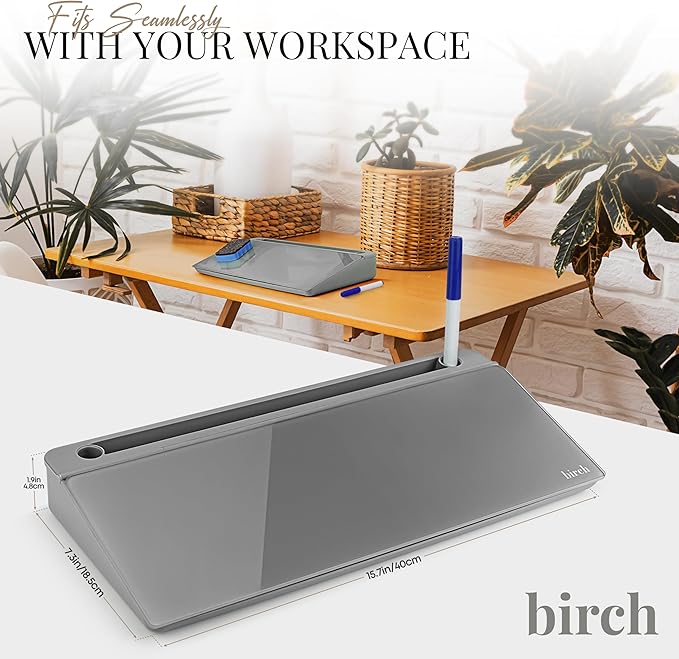 Birch Small Desktop Whiteboard – Glass Dry Erase Board Desk Pad Keyboard Stand with Storage Compartment, Adjustable Dividers, 3 Markers & Marker Holder – Perfect for Office, Home, & School (Charcoal)