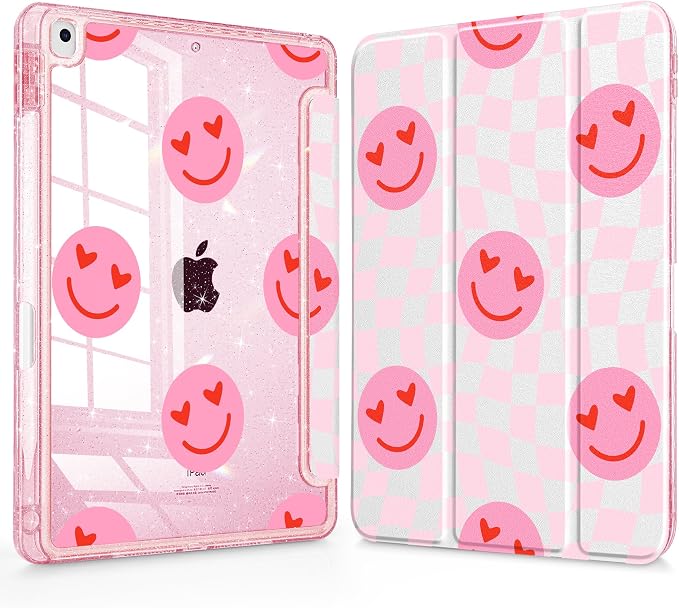 Case for iPad 9th/ 8th/ 7th Generation 10.2-Inch Case(2021/2020/2019 Release) Glitter Tablet Cases with Transparent Acrylic Back+Trifold Stand+Pencil Holder+Auto Wake/Sleep Bows-Stripe