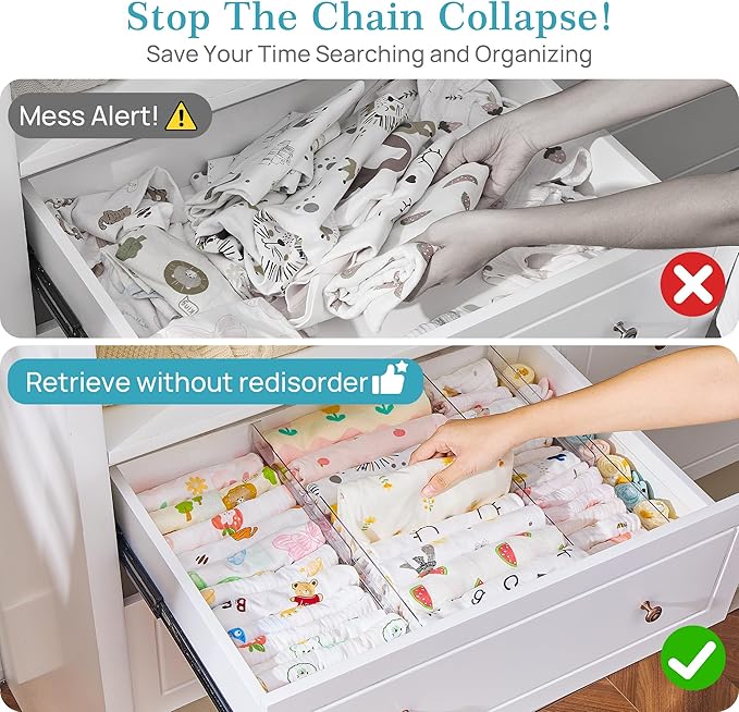 Vtopmart 12 Pack Drawer Dividers for Clothes, 4" High 10.2"-16.5" Adjustable Expandable Dresser Drawer Organizer, Clear Plastic Separators for Dresser, Baby Clothing, Underwear, Cosmetic, Toiletries