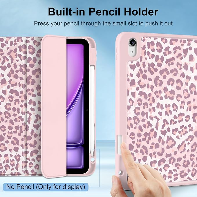 MecBevia Case for iPad Air 11-inch M4 2026 / M3 2025 / M2 2024 | Built-in Pencil Holder Shockproof Clear Hard Back Trifold Stand Auto Wake/Sleep Blue Bow