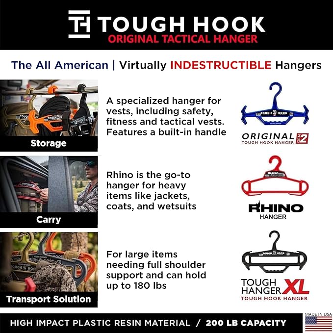 Tough Hook Original Heavy Duty Hangers – The Superhero of Hangers USA-Made, Anti-Slip ABS Resin Tactical Hanger for Police Gear, Scuba Gear & Dive BCD – DuraResin 200-lb Cap Wetsuit Hanger, 1 Gray