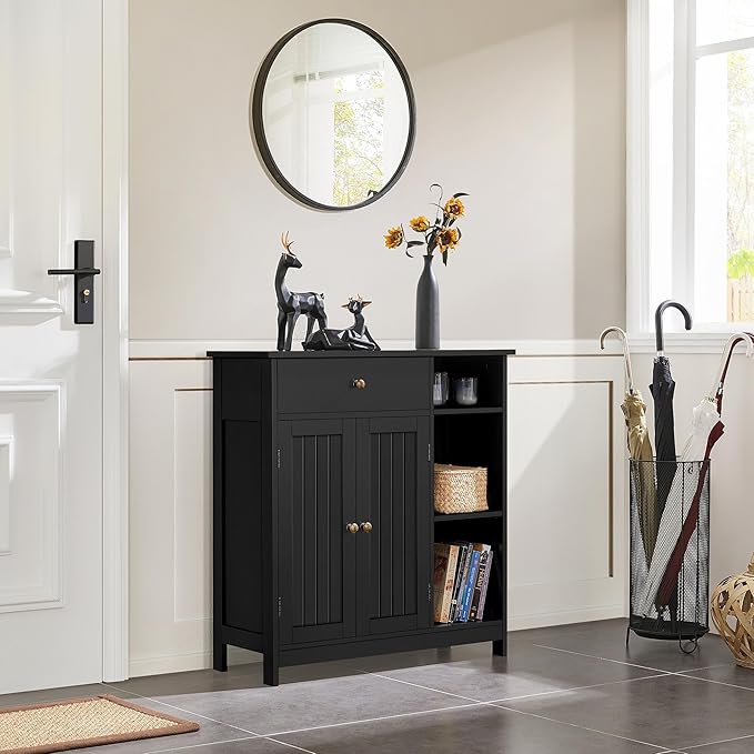 Yaheetech Bathroom Storage Cabinet, Bathroom Floor Cabinet with 2 Doors and 1 Drawer, Storage Units with 3 Open Compartments and Adjustable Shelves for Living Room, Entryway, Black