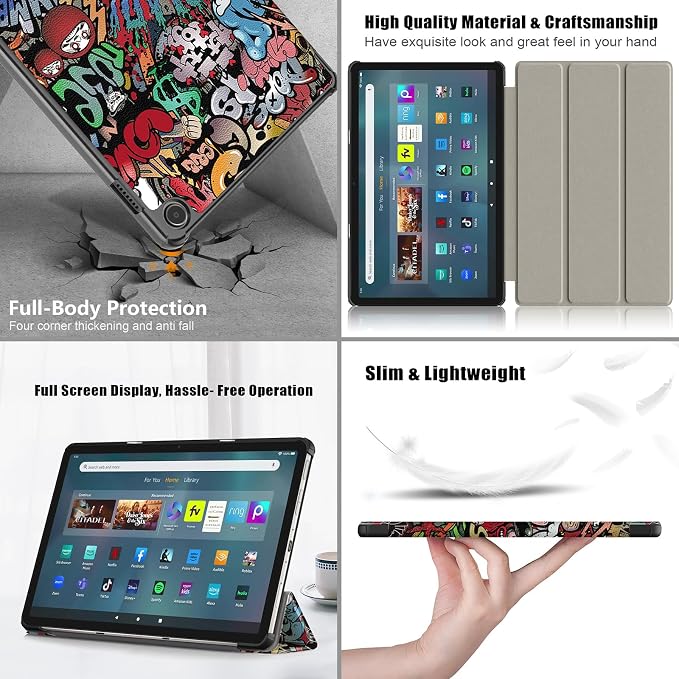 Slim Case for Amazon Fire Max 11 Tablet (13th Generation 2023 Release) Trifold Lightweight Hard Shell PU Leather Stand Folio Protective Cover with Auto Wake/Sleep Colored Graffiti Doodle