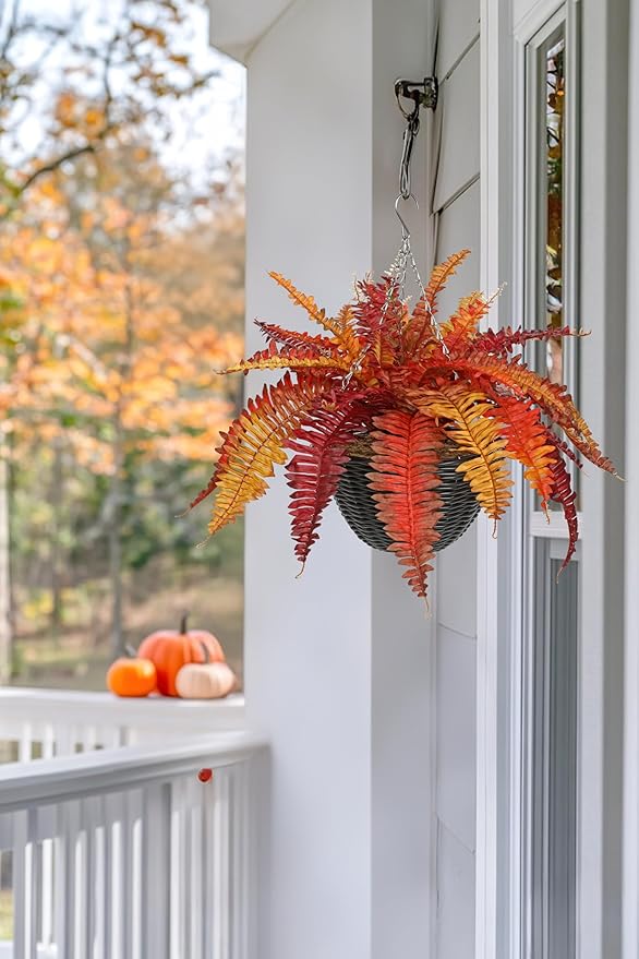 Hollyone Fall Artificial Fern Fall Hanging Baskets Outdoor Indoor Silk Plant Boston Ferns Autumn Potted Plants with Black Rattan Pot for Fake Fern Bush Plant Patio Garden Farmhouse Home Decor Orange