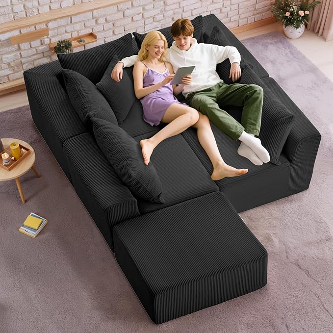 Oversize 131” Boneless Couch for Living Room, Comfort L Shaped Cloud Couch Sectional, Extra Deep Seats Corduroy Modular Sectional Sofa No Assembly,Black