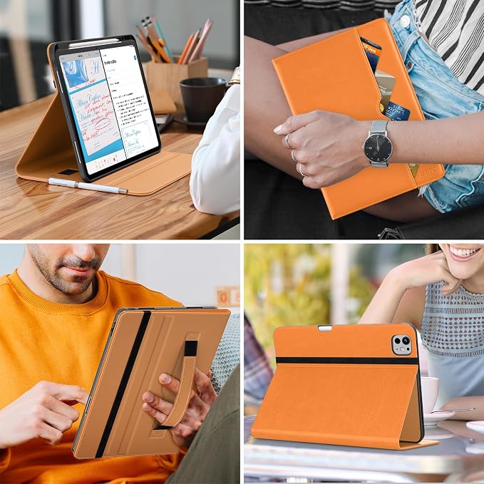 DTTO for iPad Pro 13 Inch Case (M5) 2025 / (M4) 2024 Brown | Premium Leather Business Cover with Pencil Holder Hand Strap &amp Pocket Corner Protection Auto Sleep/Wake Multiple Angles