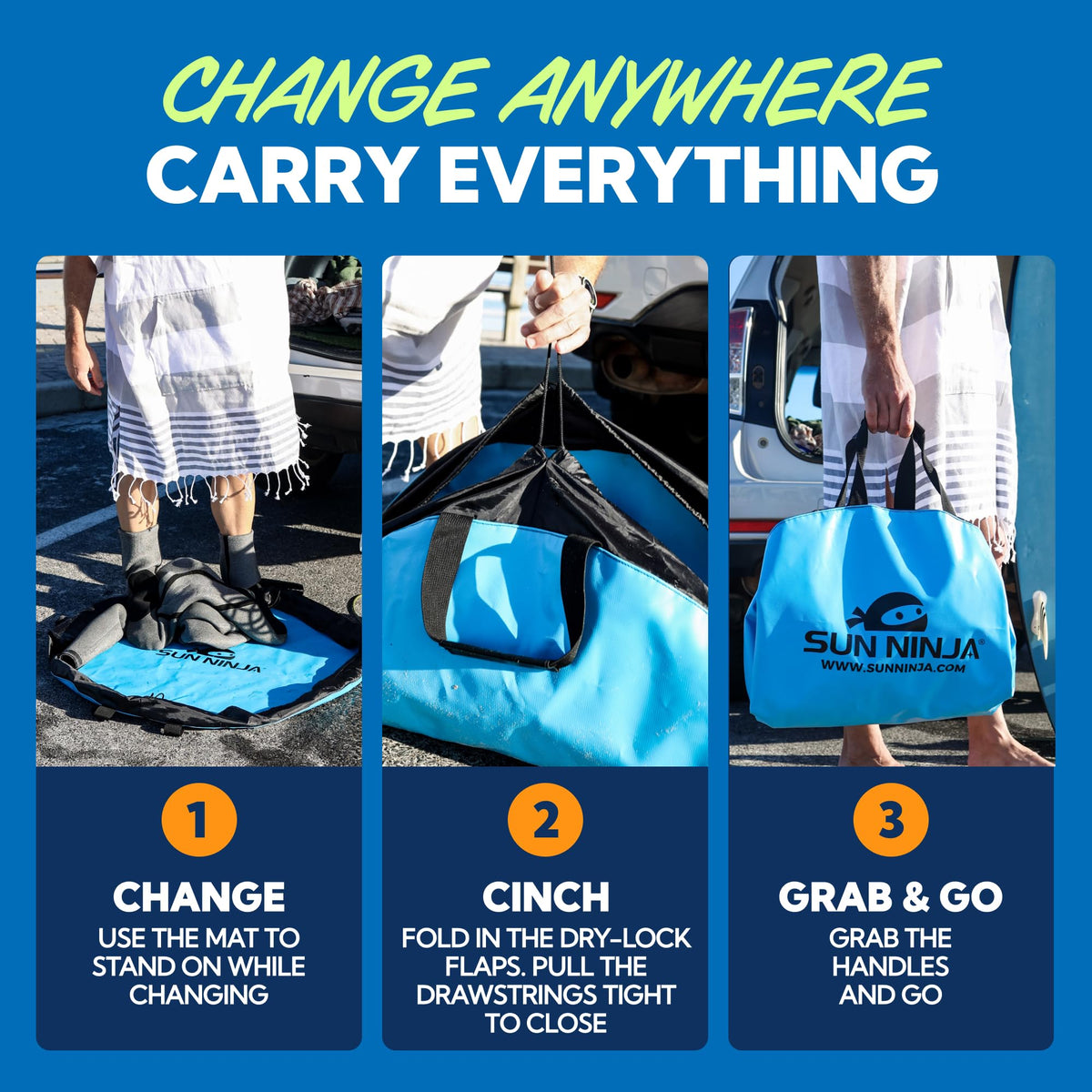 SUN NINJA Wetsuit Changing Mat - Waterproof Beach Changing Mat and Dry Bag Combo, Keeps your Car Clean & Dry and Surf Gear Protected, Beach & Surfing Accessories and Gifts