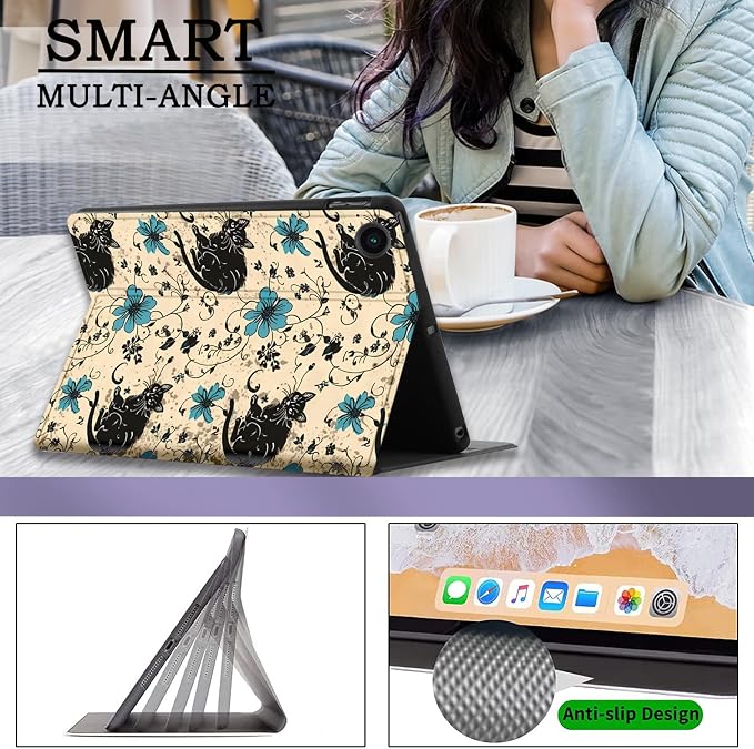 Case for Samsung Galaxy Tab A11 + Plus/A9 + Plus 11 Inch 2025/2023 Ultra-Thin Multi-Angle Protective Cover with Auto Sleep/Wake Black Cat and the Blue Flower