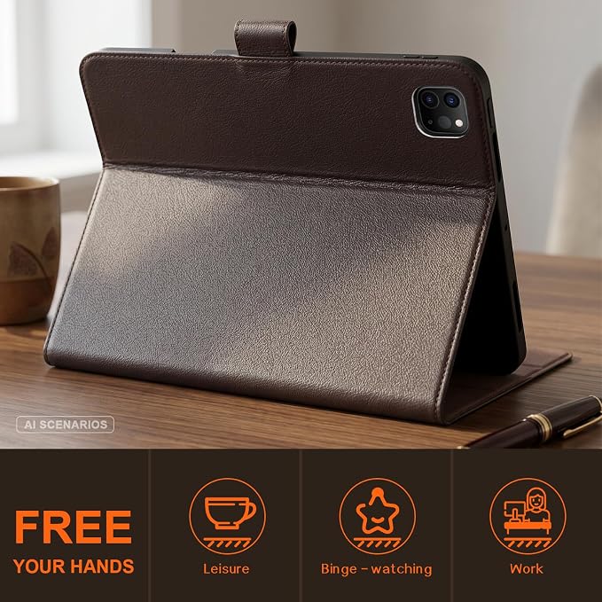 Leather Case for iPad 11th/10th Gen (11/10.9) Black | Genuine Leather Pencil Holder Adjustable Stand Magnetic Closure Auto Wake/Sleep