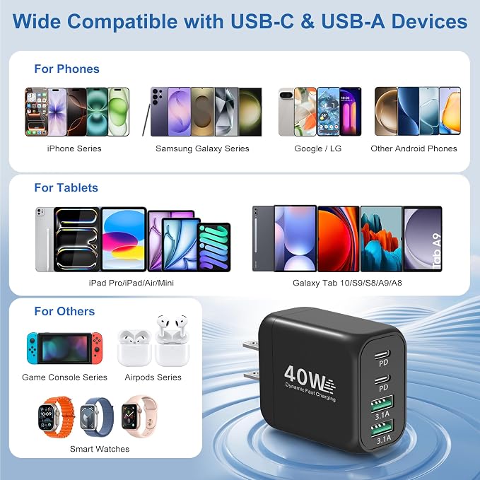 USB C Charging Blocks Costyle Multi USBC Wall Fast Charger Plug Adapter PD/PPS 25W Super Fast Type C Charging Block for Samsung S26 Ultra S25 S24 A16 A17 iPhone 17 16e 15 Pro Max+3 Pack USB-C Cable