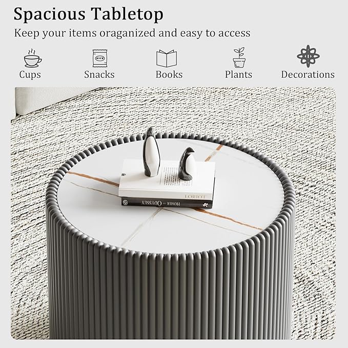 Grey Round Coffee Table with Sintered Stone Tabletop, 17.71" Drum Coffee Table with Fluted PU Leather Covered and Stable Base, Circle Cocktail Tea Table for Living Room
