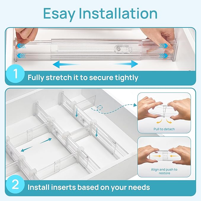 Vtopmart 2.36” Drawer Dividers with Expandable Inserts, 12.8"-22.3" Adjustable Kitchen Drawer Organizer, Clear Plastic Organizer Separator for Flatware, Utensil, Cutlery, 6 Dividers with 10 Inserts