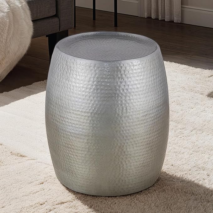 Modern Contemporary Round Aluminum Material 32" Coffee Table and 21" Height End 2PC Table Set with Glossy Hand Hammered Design Antique Silver