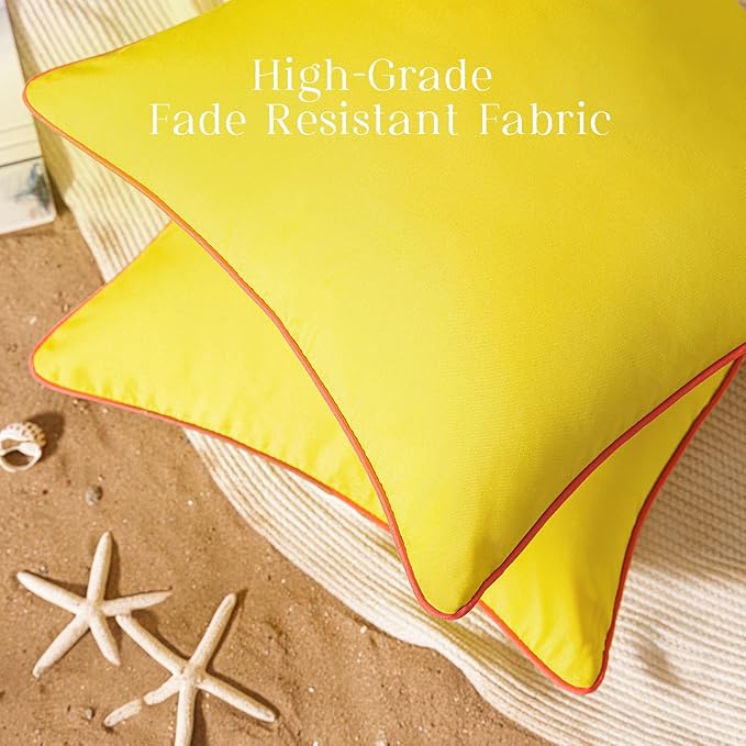 Phantoscope Pack of 2 Outdoor Waterproof Throw Pillow Covers with Contrast Piping, Decorative Square Cushion Case Patio Pillows for Couch Tent Sunbrella, Lemon Yellow 12x20 inches