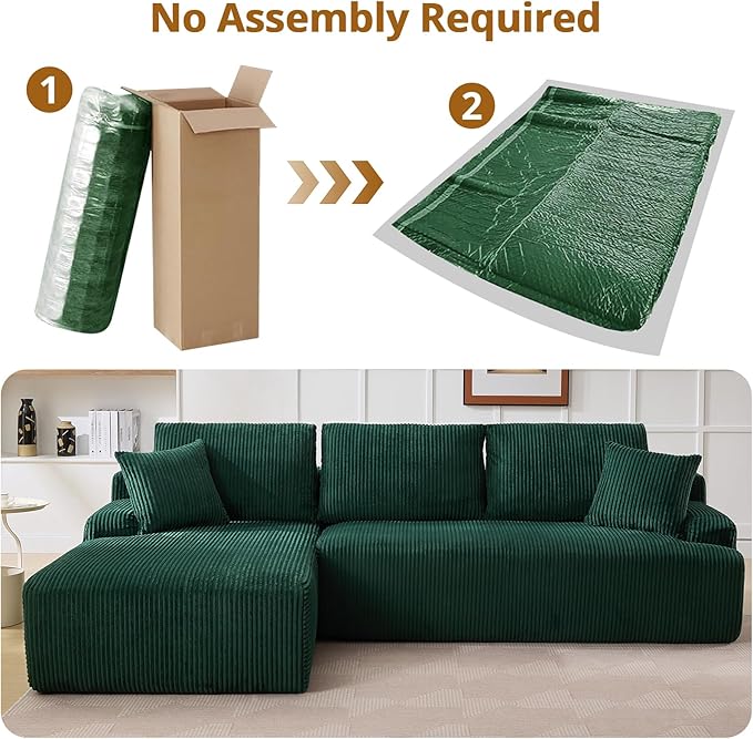 Sectional Cloud Couch for Living Room L Shaped Couch with 3 Seat Ind. Chaise Longue Corduroy Fabric Boneless Modular Modern Sofa with Pillows for Apartment and Small Space