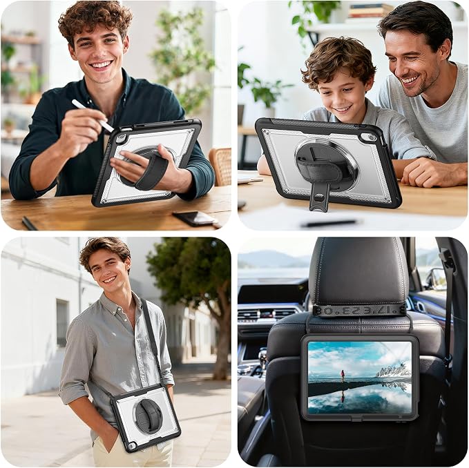 Case for iPad (A16) 11th/10th Generation 11''/10.9'' 2025/2022: Shockproof Protective Case with Hand/Shoulder Strap Pencil Holder Rotate Stand Screen Protector Black
