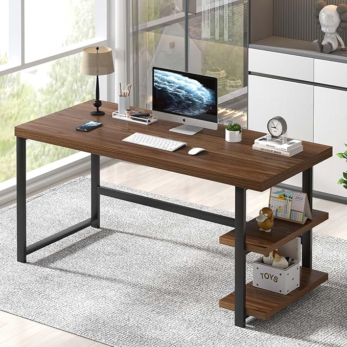 FOLUBAN Modern Computer Desk for Home Office, Large Writing Table with Storage Shelves, Wood and Metal Study Gaming Desk Workstation for Living Room, Rustic Walnut, 60 Inch
