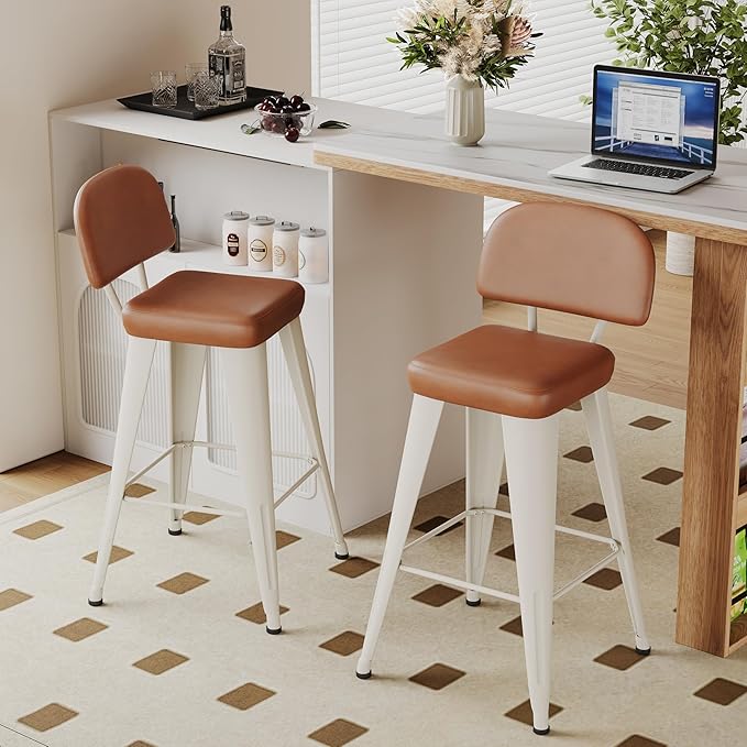 Aklaus PU Leather Metal Bar Stools 30 inch Faux Leather Bar Height Barstools Set of 2 Modern Farmhouse Bar Chairs with High Backs and Faux Leather Seat for Kitchen Island Dining Room White Brown